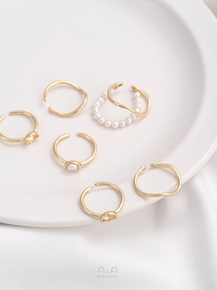 14K GOLD-FILLED COLOR-PRESERVING PEARL WAVY ARC RING INLAID RICE BEADS EMPTY INGOT RING DIY HAND-MADE ACCESSORIES
