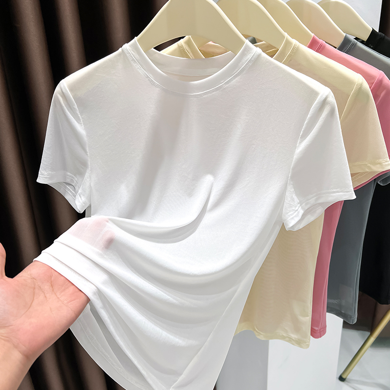 Mesh Short-Sleeved T-Shirt for Women, White Right-Shoulder Ice-Feel Suspender Skirt with Round Neck, Tulle See-Through Ice Silk Top for Women, Summer