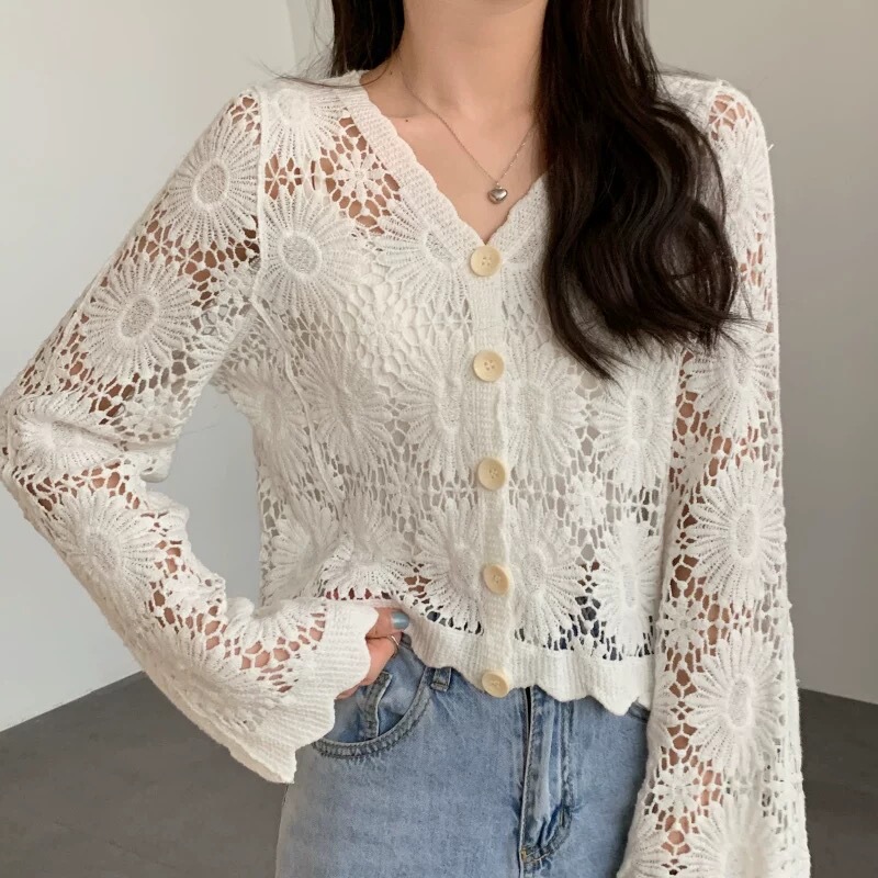 Hollow-Out Knit Short Cardigan with Embroidery, Spring and Summer Sun Protection Top, Paired with Skirt, Small Jacket, Long-Sleeved, Elegant Outerwear