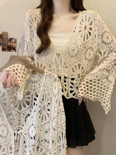 Crochet Hollow-Out Knit Sun Protection Shirt for Women, Summer Thin Bohemian Versatile Long-Sleeved Short Top Cover-Up