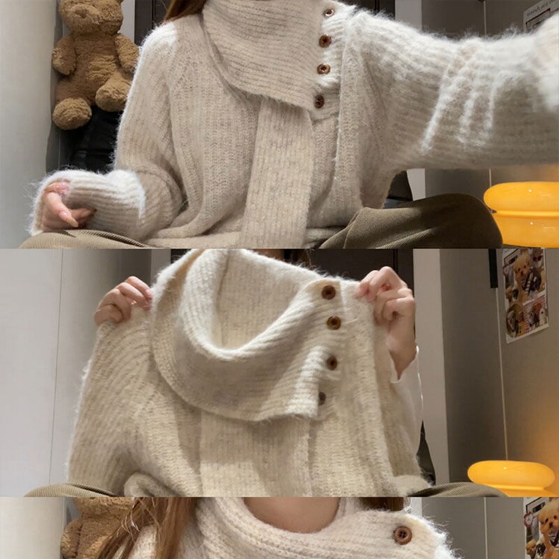 Detachable Scarf Sweater for Women 2026 Autumn and Winter New Style Loose Lazy Style Thickened Warm Knitted Sports Top