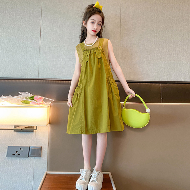 Girl's summer dress braces dress suit one-piece dress 2023 new Korean version foreign air CUHK Children two sets Skirt Tide-Taobao