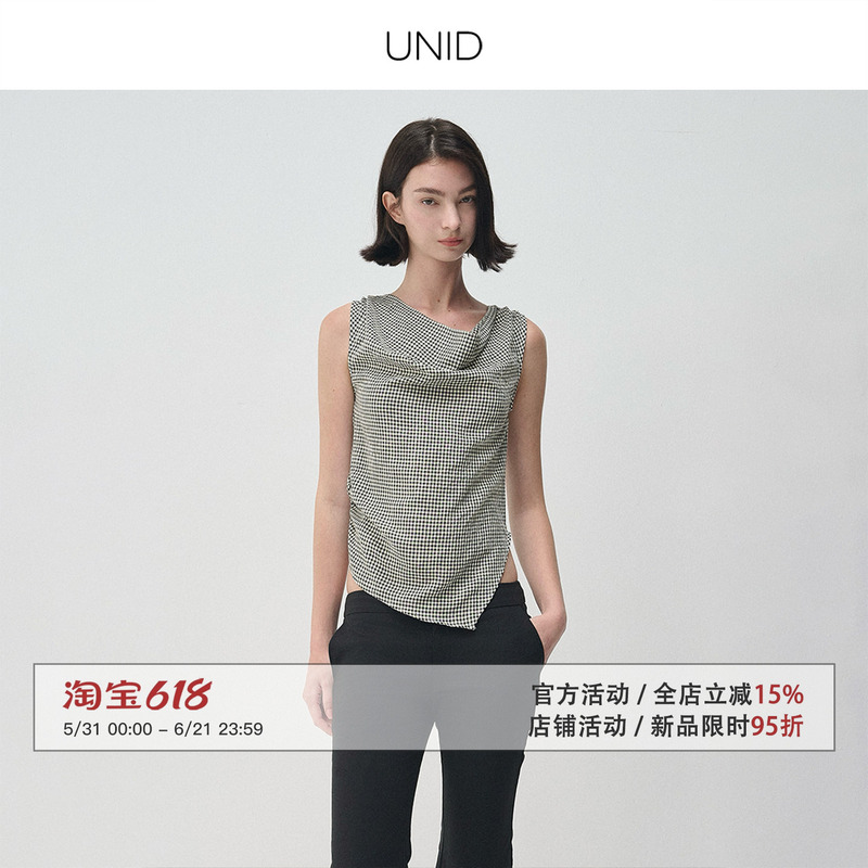 Unid Classic Hepburn' Chiffon Woven Retro Hepburn Elegant Style Plaid Collarless Sleeveless Blouse Top