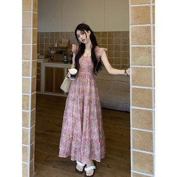 Floral Dress with Flutter Sleeves, Stylish and Unique Summer New Design, Fairy-Like Dress, Trendy and Slim-Fitting Long Dress