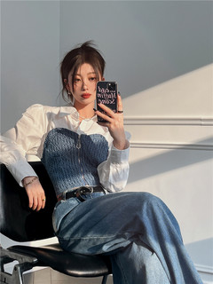 Hong kong style denim stitching long-sleeved fake two-piece shirt women's autumn and winter polo shirt korean style chic puff sleeve short top