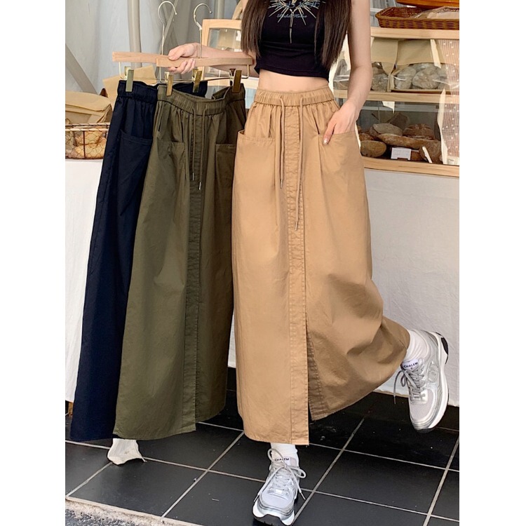 Summer New Design A-Line Skirt, Army Green Half Skirt, High-Waisted Loose Workwear Slit Mid-Length Skirt with Elastic Waist