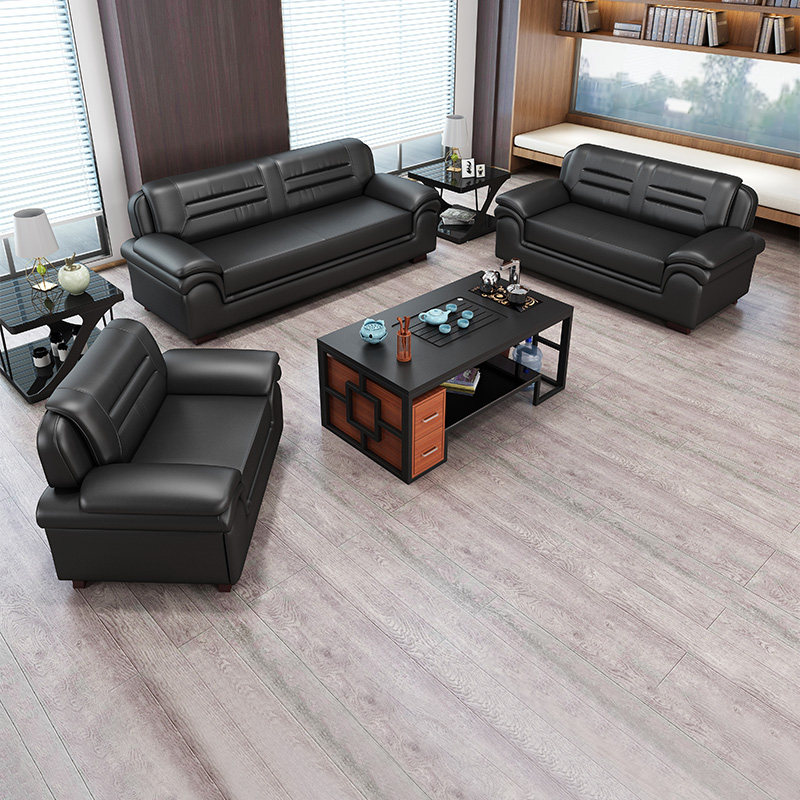 Office sofa minimalist tea table Composition Office New Chinese sofa Business reception room Guest Area Real Leather Sofa-Taobao
