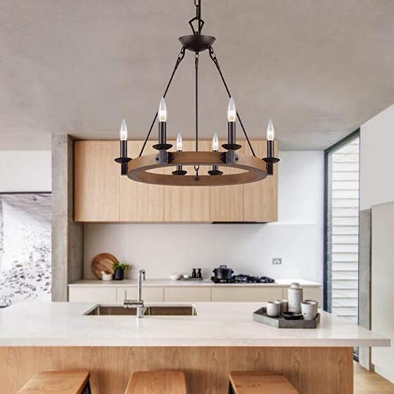 American-Style Wood Art Walnut-Colored Chandelier for Living Room, Dining Room, Bedroom, Retro Country Pastoral Style, Hotel and B&B Lighting Fixtures