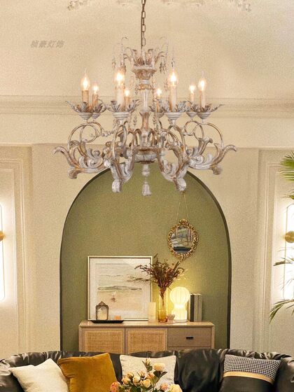 American-Style Living Room Chandelier, French-Style Retro Pastoral Country Dining Room, Bedroom, Villa, Candle, Solid Wood, Distressed Homestay Lighting Fixtures