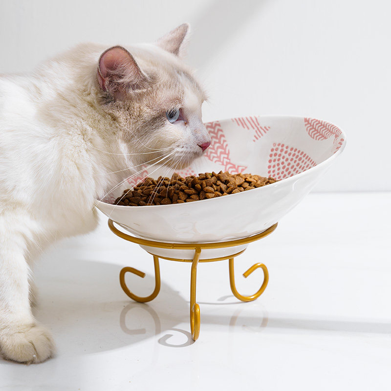 High-footed cat bowl ceramic protection cervical spine anti-overturning large-capacity tilting pet single bowl cat water bowl cat and dog food bowl