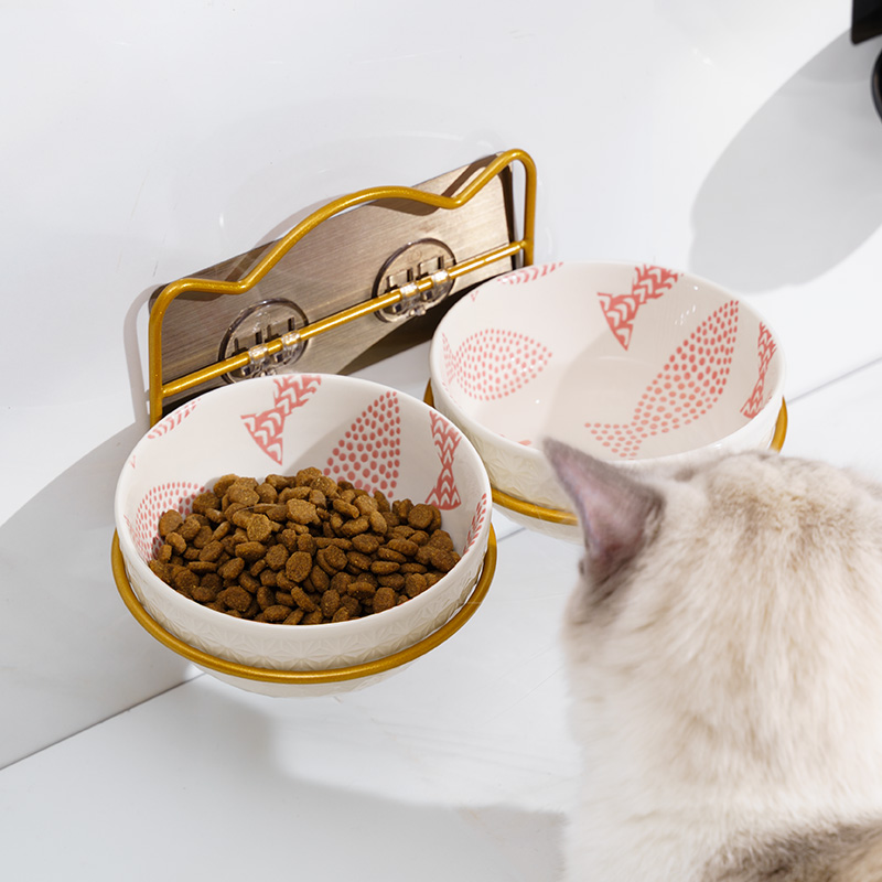High-footed cat bowl double-bowl ceramic neck guard anti-overturning easy-to-clean cat drinking bowl hanging pet cat food bowl dog bowl