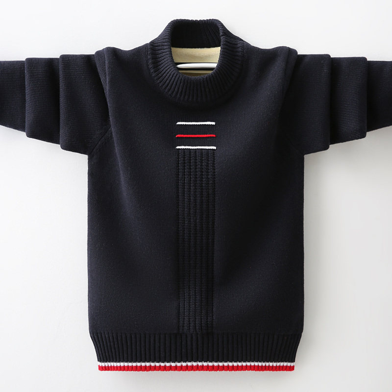 Children's boy's sweater pullover autumn and winter trendy western style middle and big boy dotting knitted sweater plus velvet thick cotton