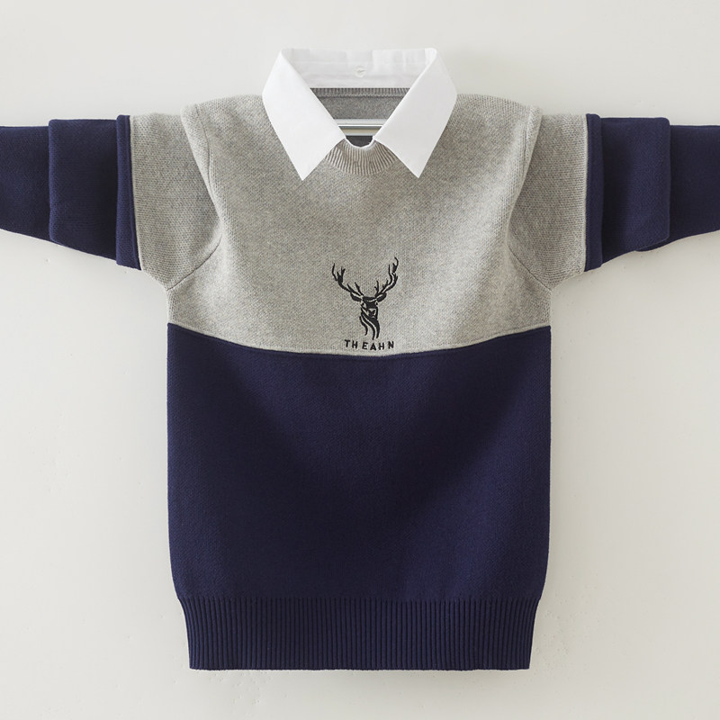 Shirt collar fake two-piece boy sweater bottoming top autumn and winter plus velvet thickening middle and big children's knitted sweater Western style