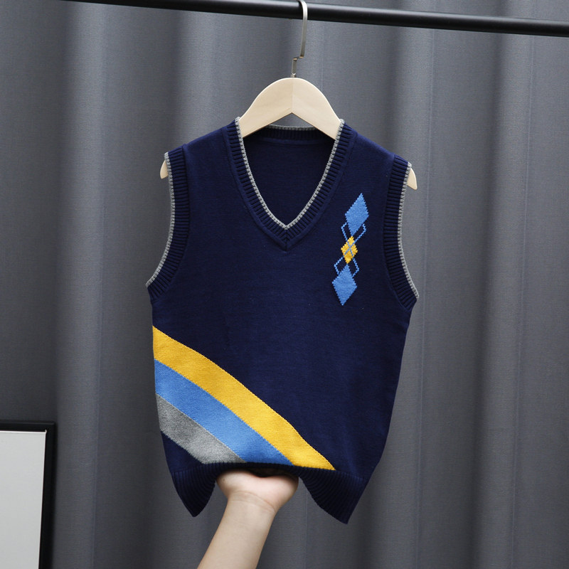 Boy Spring Autumn Knit Waistcoat New Children Pure Cotton Boy Waistcoat Vest Big Boy Wool Line Kan Shoulder Outside Wearing Tide
