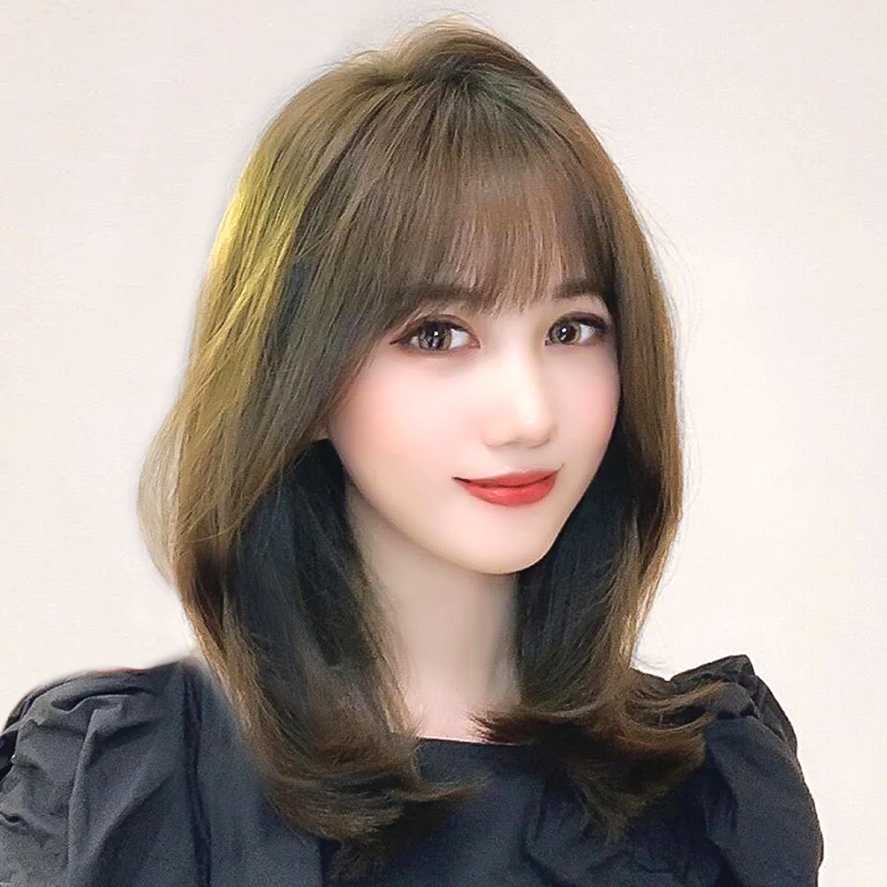 Wig female long hair natural full headgear real hair medium long hair net red short hair air bangs clavicle wig