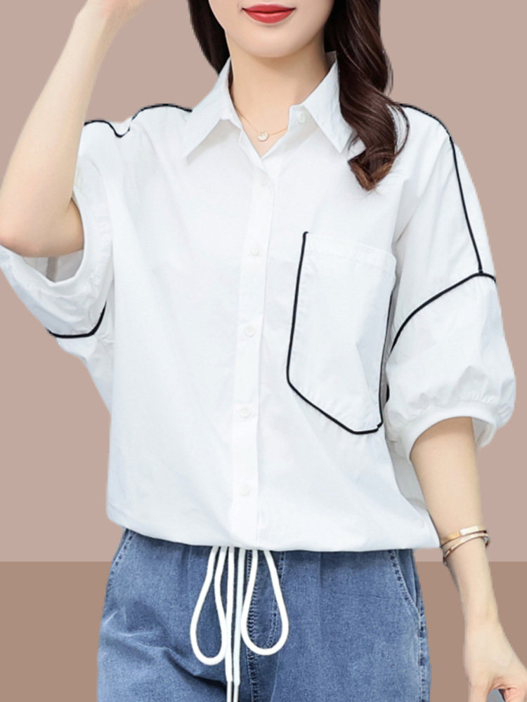 Plus Size Women’s Summer Puff Sleeve Shirt – 2026 New Korean Style Loose-Fit Blouse