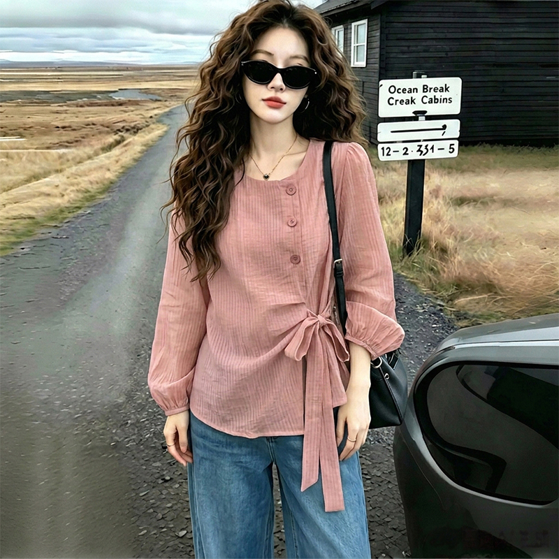 French-Style Chic Waist-Cinching Tie Shirt for Women, Three-Quarter Sleeves, 2026 Spring/Summer New Fashion Elegant Blouse Top