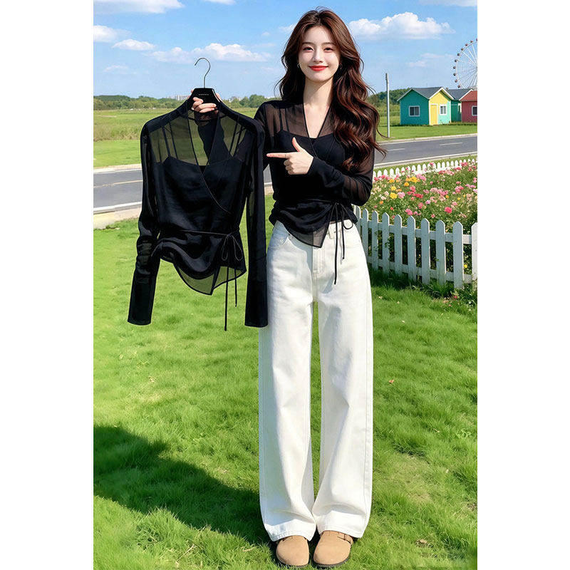 法式设计感黑色纱质长袖上衣女气质小众时尚V领系带时髦感透视