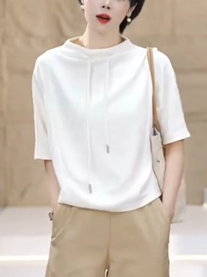 半高领白色短袖t恤女夏季2025新款时尚卫衣洋气宽松遮肚显瘦上衣