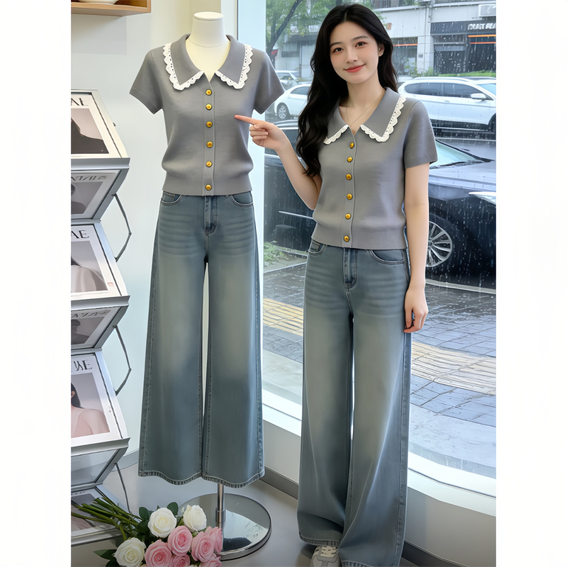 Gray Lapel Lace-Trimmed Short-Sleeved Knitted Cardigan for Women, 2026 Summer, Stunning and Versatile Top