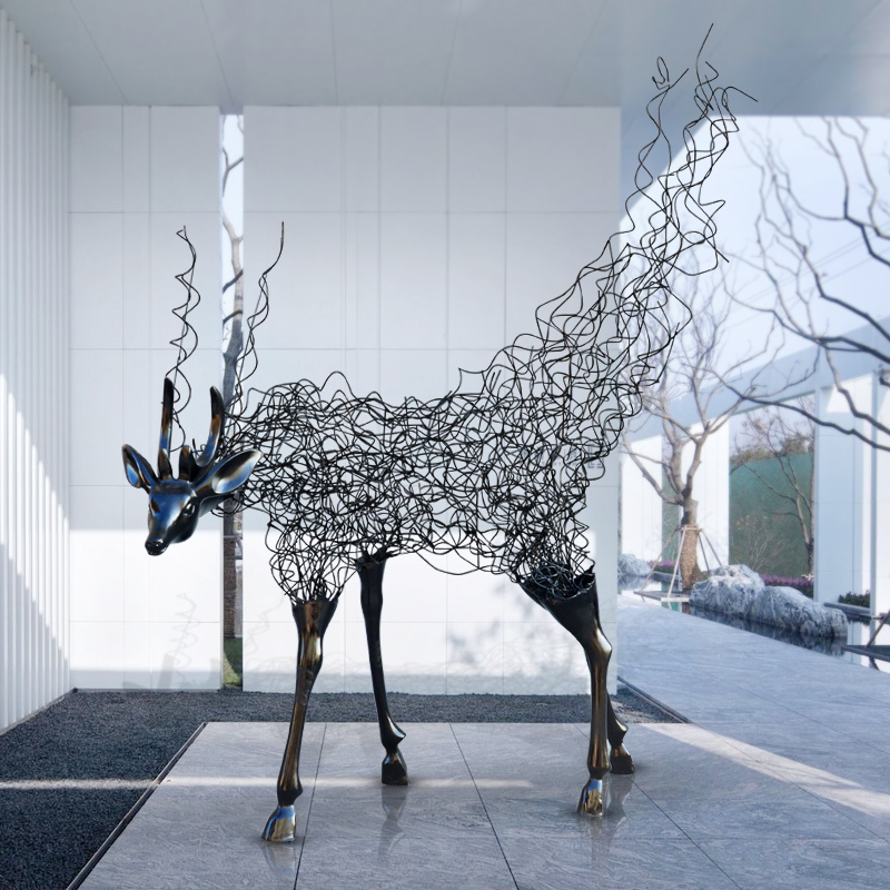 Abstract Iron Cut Out Deer Stainless Steel Silk Deer Sculpture Shopping Mall Window Hotel Sales Center Square Floor-Standing Ornaments