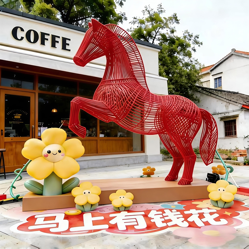 2026 Year of the Horse Stainless Steel Hollow Horse Sculpture Large Ornament for Shopping Malls and Exhibition Halls Art Installation Photo Check-In Wall