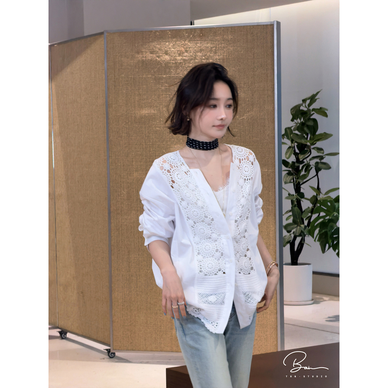 Tong Xiaobai Txb April 1St New Product White Casual Style Button-Down Hollow-Out Hand-Embroidered V-Neck Long-Sleeve Shirt