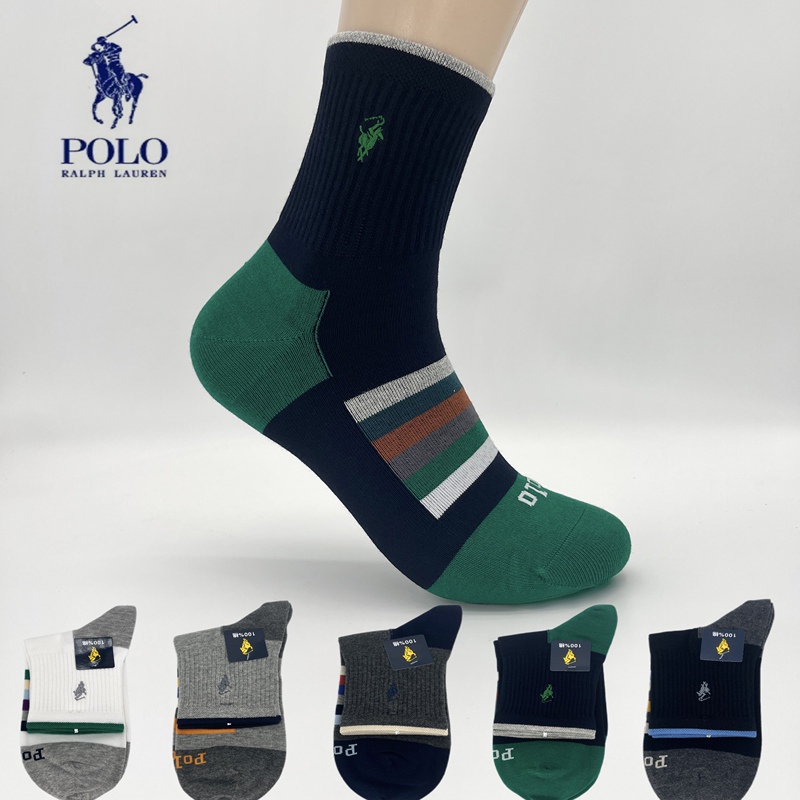 Polo Pure Cotton Men's Socks, Autumn and Winter Thickened Mid-Calf Socks, Sweat-Absorbent, Odor-Resistant, Sports Long Socks, Breathable, Comfortable, All-Cotton Casual Socks