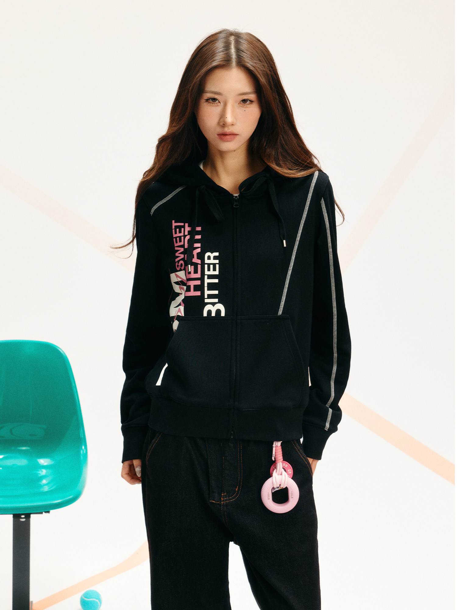 DONSMOKE Contrast Stitch Slogan Zip-Up Hoodie