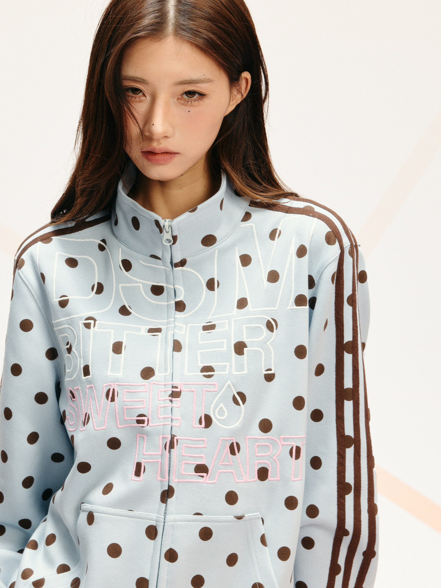 DONSMOKE Polka Dot Zipper Stand Collar Sweatshirt