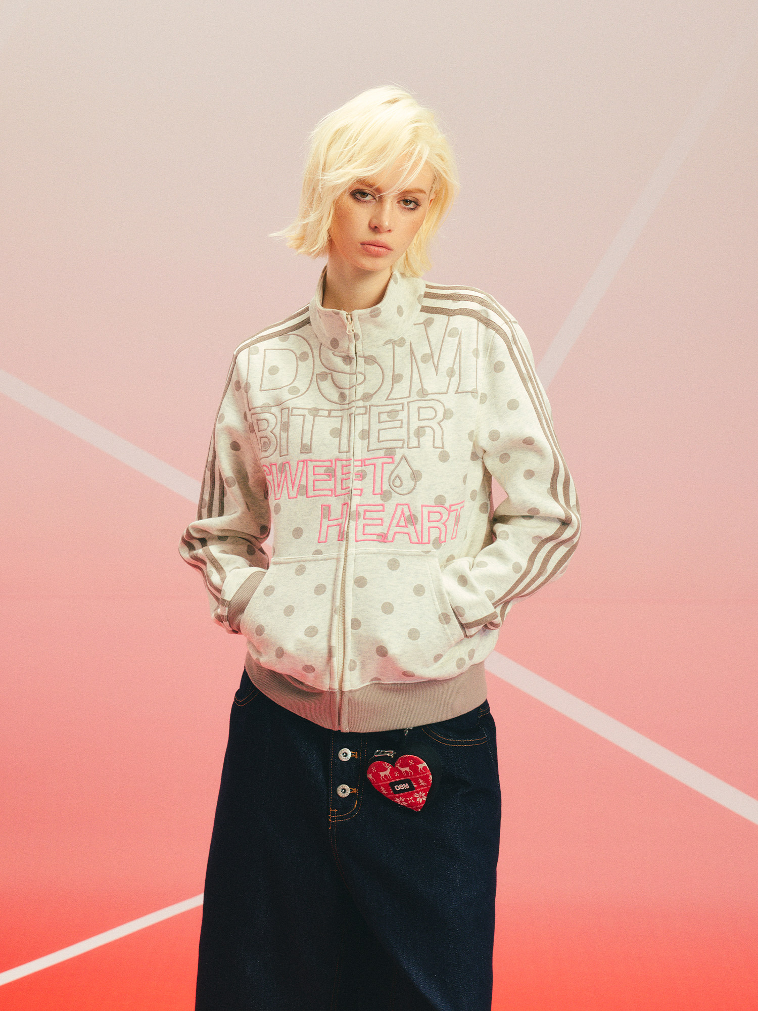 DONSMOKE Polka Dot Zipper Stand Collar Sweatshirt
