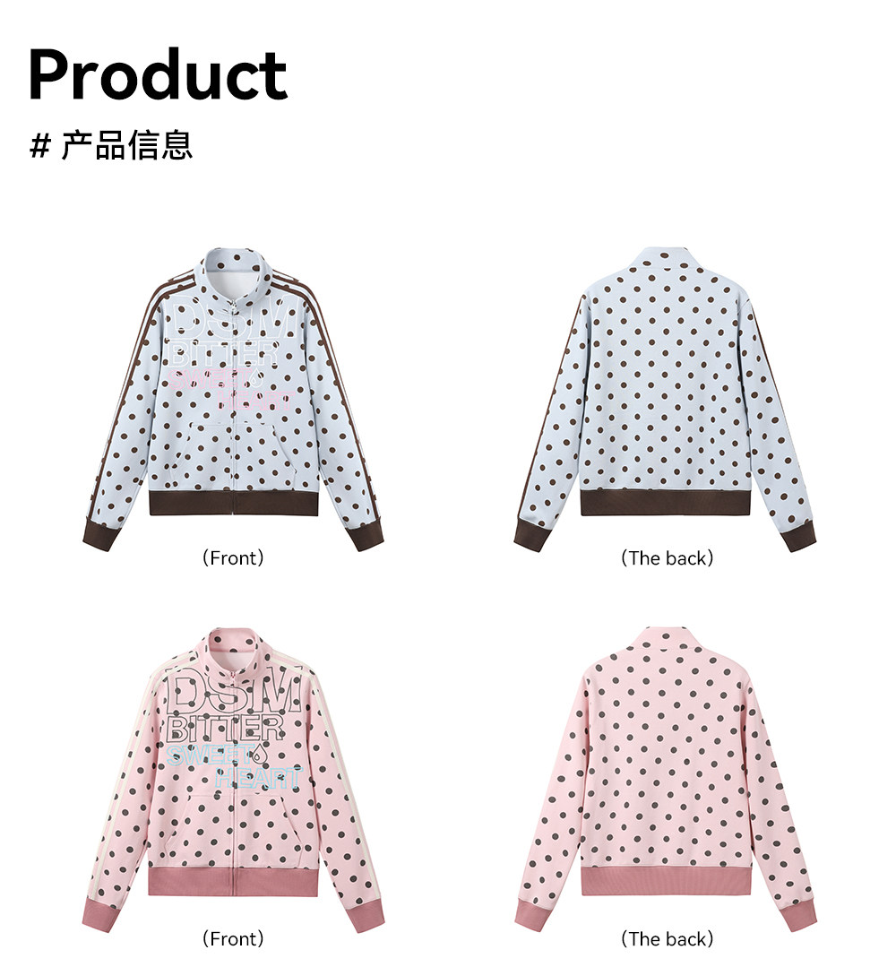 DONSMOKE Polka Dot Zipper Stand Collar Sweatshirt