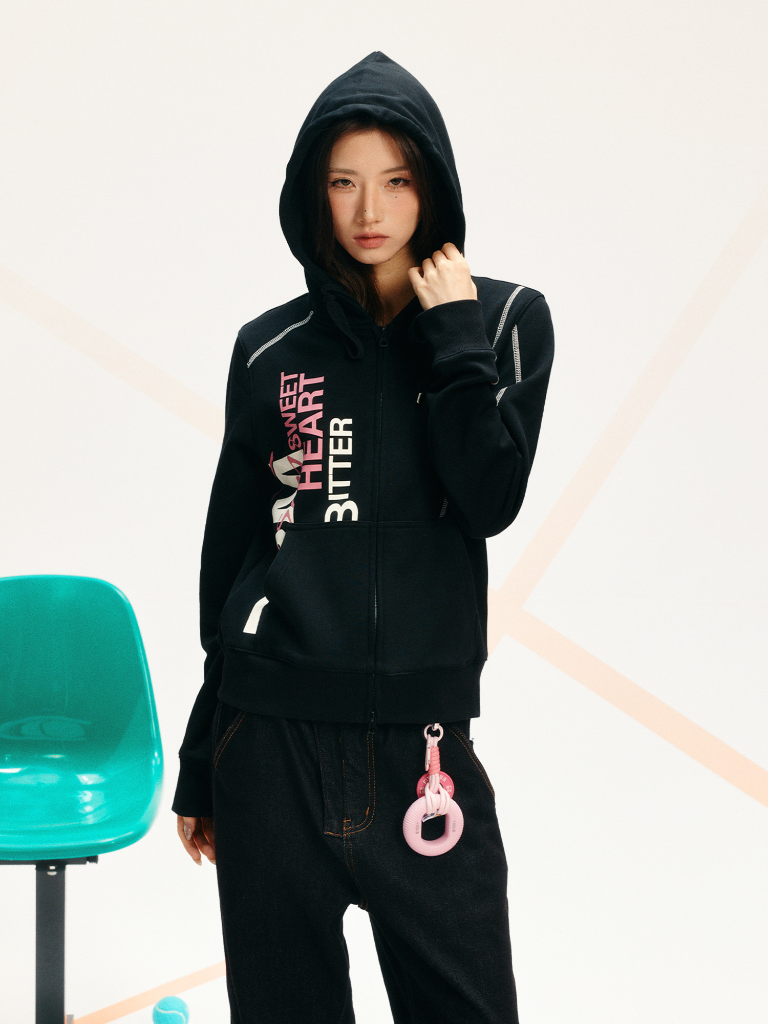 DONSMOKE Contrast Stitch Slogan Zip-Up Hoodie