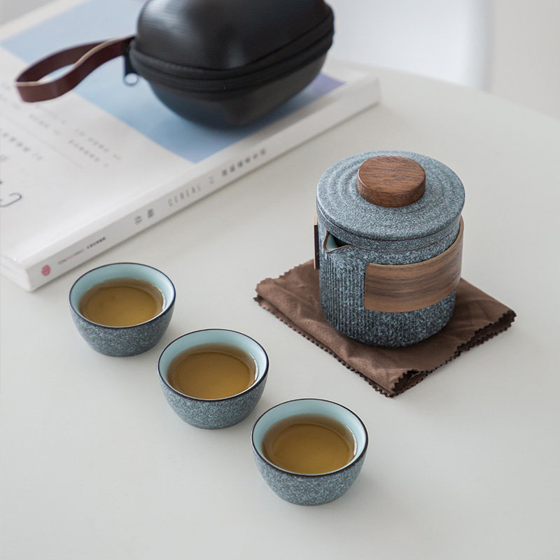 Inch porcelain bluestone glaze fast customer cup one pot three cups ceramic travel tea set portable tea set set outdoor small set