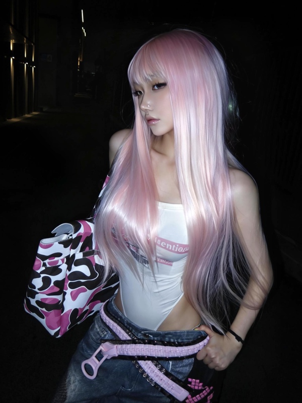 Savage Treasure [Cherry Blossom Refraction] Extra Long 86cm Light Pink Long Straight Hair High-Temperature Fiber Layered Wig Set
