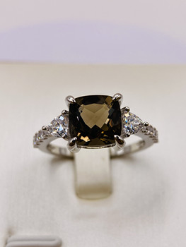 Natural tea crystal ring s925 silver cushion shape