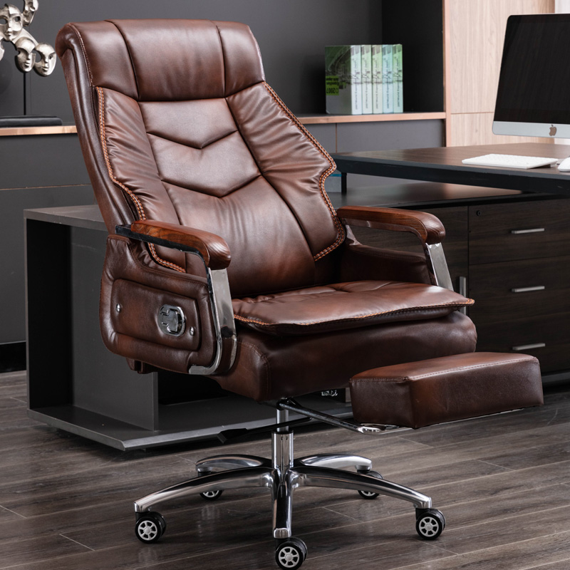 Business leather boss chair reclining office chair comfortable sedentary computer chair home lift seat solid wood work chair