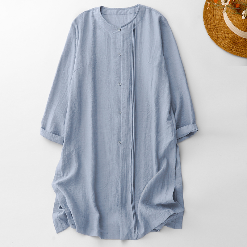 Cool White Noise Style Soft and Comfortable Accordion Pleated Shirt for Women Summer New Round Neck Loose Versatile Mid-Length Shirt
