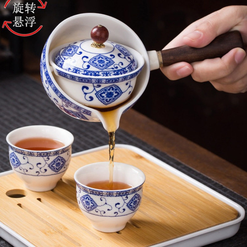 Вращающийся чайник Xiaoyao, автоматический чайный сервиз Xiaokang, чайный артефакт, синий и белый фарфоровый ленивый чайник, набор дорожных сумок