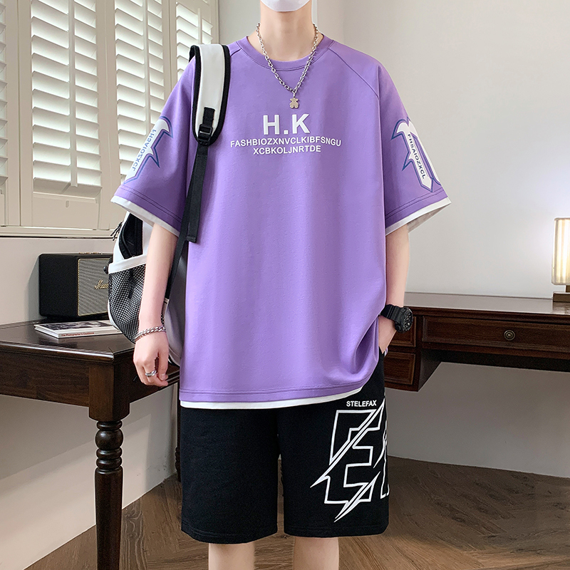 2026 New Youth T-Shirt for Boys, Summer Purple Short-Sleeved Summer Wear, Trendy Brand Sports Suit for Junior High and High School Students