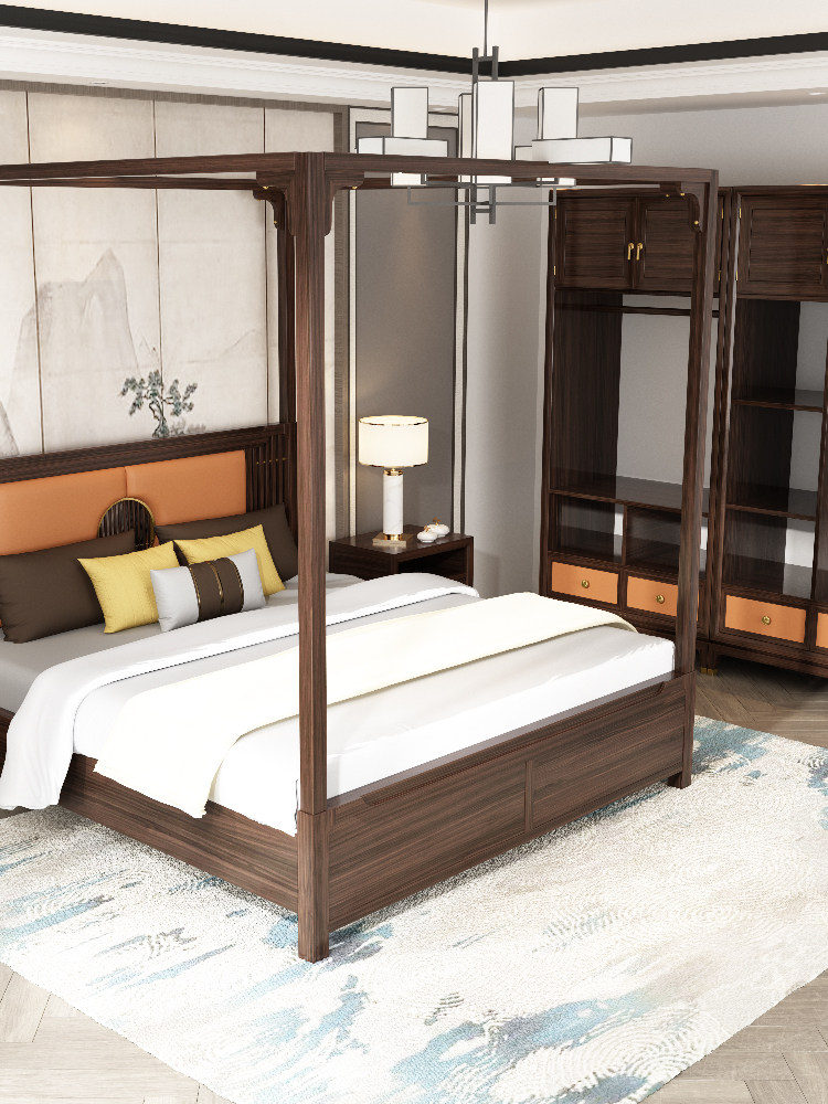 New Chinese solid wood frame bed 1 8 m four column bed simple Ming and Qing 1 5 double bed pillar bed modern extraction bed