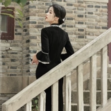 Черное длинное летнее ретро элитное легкое ципао, китайский стиль, изысканный стиль