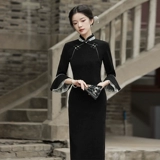 Черное длинное летнее ретро элитное легкое ципао, китайский стиль, изысканный стиль