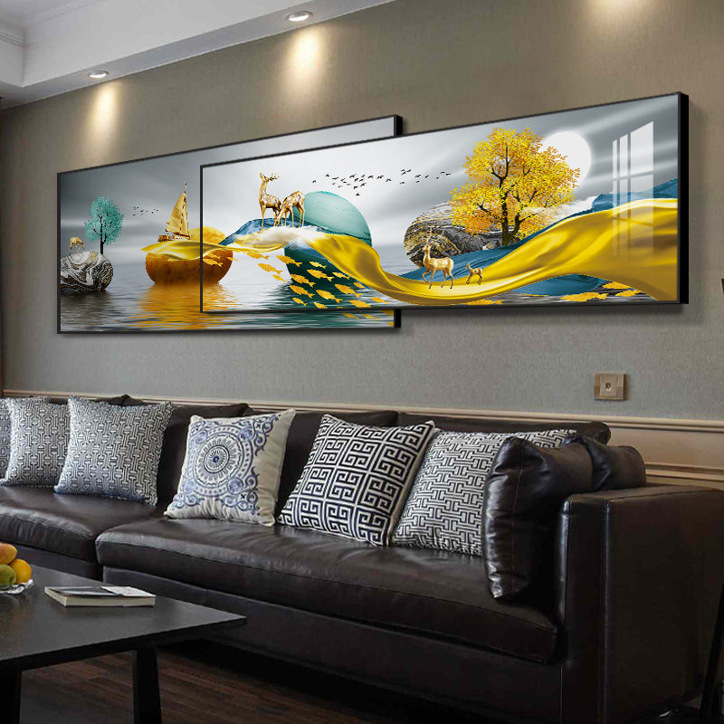 Nordic Light Lavish Living Room Decoration Painting Horizontal Version Large Sofa Background Wall Hanging Painting Modern Elk Bilayer Superimposed Murals-Taobao