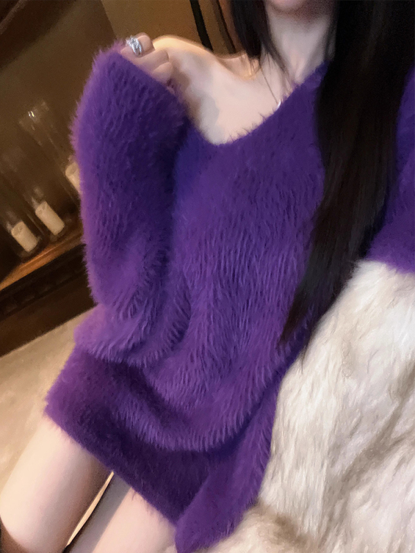 Mink Velvet V-Neck Sweater for Women, Autumn and Winter 2026 New Style, Off-Shoulder Top, Loose and Lazy Style, Mid-Length Purple Sweater