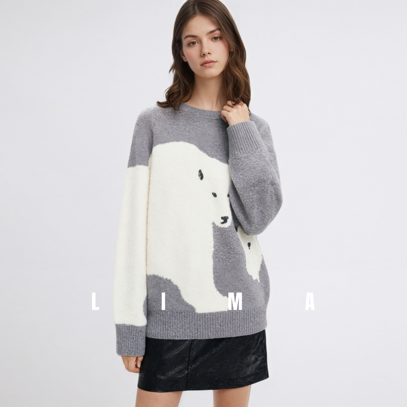 In Stock [Same Style as in the Mall] 2025 Winter New Round-Neck Loose-Fitting Plush Polar Bear Pattern Thick Wool Sweater