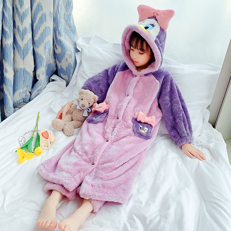 Girl Sleepwear Pants Sets Autumn Winter Coral Suede Children Cartoon Princess Thickened Flannel Kid Sleeping Robe