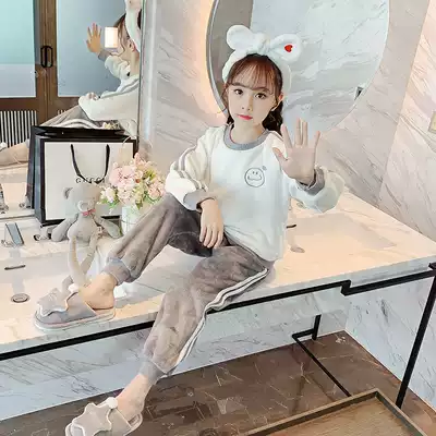 Children's pajamas autumn and winter girls flannel thickened little girl parent-child suit coral velvet