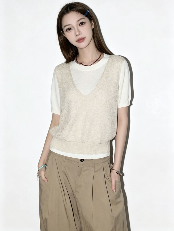 Moodberry American Retro Pure Color Knitted Short-Sleeved Vest for Women Summer Loose Casual Two-Piece Top Moodberry American Retro Pure Color Knitted Short-Sleeved Vest for Women Summer Loose Casual Two-Piece Top