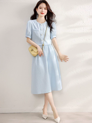 Брендовая короткая рубашка, юбка, комплект, в стиле Шанель, круглый воротник, А-силуэт